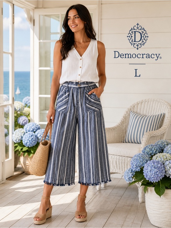 Democracy Pants - Democracy Linen Blend Striped Cropped Palazzo Pants Large